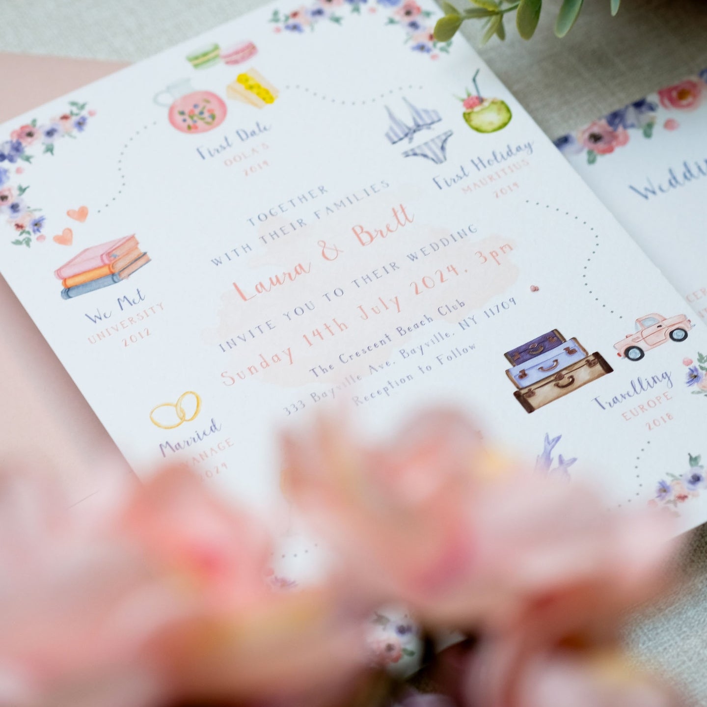Love story wedding invitations with a timeline of relationship milestones, bespoke hand illustrated wedding invitations in lilac and pink
